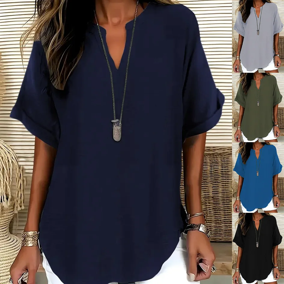 

2025 летняя женская верхняя модная свободная однотонная повседневная рубашка с коротким рукавом