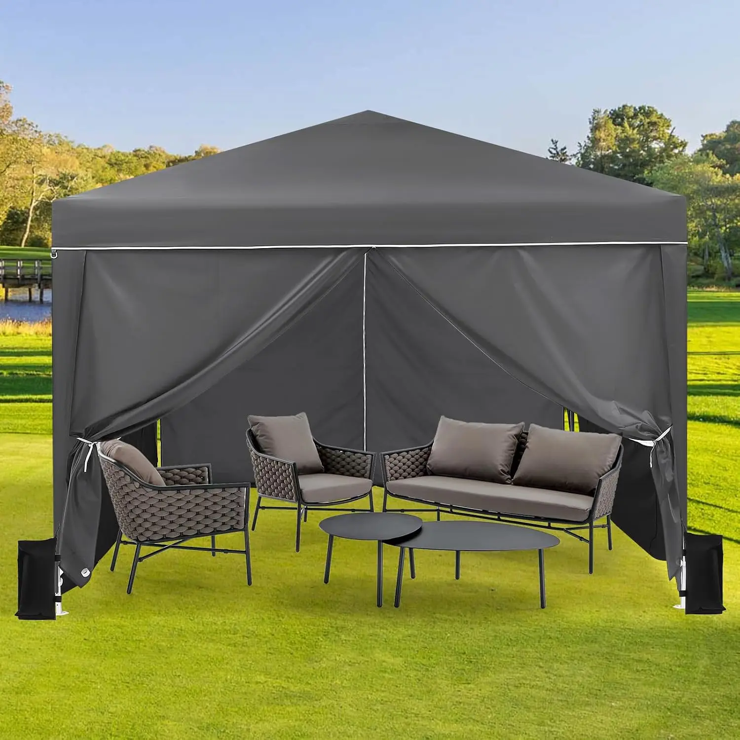 Garvee 305x305cm Faltbares Partyzelt mit 6 Seitenwänden, Wasserdichtes Outdoor-Zelt mit Stabilem Stahlrahmen, Schnelle Montage, Tragetasche Inklusive für Hochzeit, Garten & Veranstaltungen, Grau
