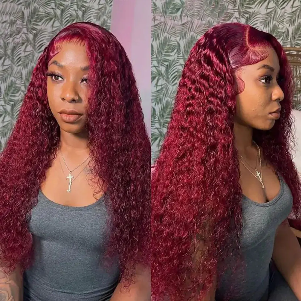 

250% High Density 99J Burgundy Kinky Curly Human Hair Wig 13x4 Lace Front Pre Plucked Bleach Friendly Baby Hair Natural Hairline