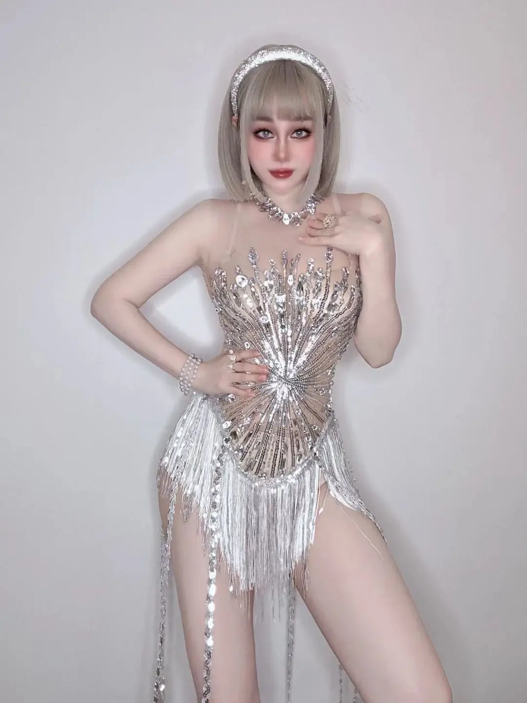 

Women's Cold Shoulder Sparkly Diamante Fringe Bodysuit Jumpsuit Jazz Ballet Latin Dancer Show Dress