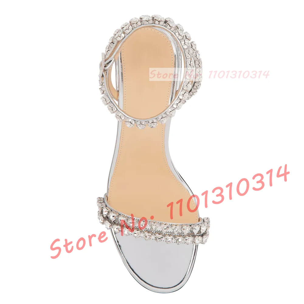 Heart Crystal Block Heel Sandals Sweet Ladies Trendy Ankle Strap Silver Summer Shoes Rhinestones Double Straps Women Sandals