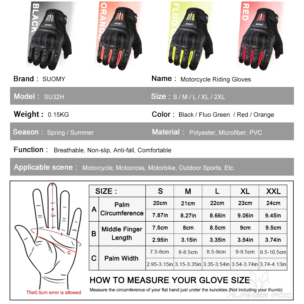 SUOMY Summer Half Finger Motorcycle Gloves Full Palm Non-slip Guantes Moto Motorcycle Fingerless Glove Moto Cycling Biker Racing