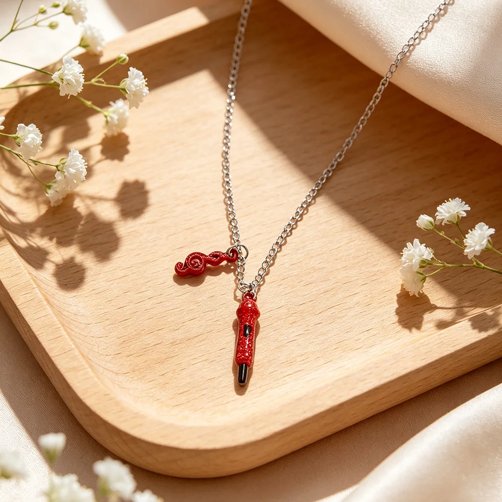Red Microphone & Treble Clef Charm Necklace, Glitter Music Note Enamel Pendant Necklace, Music Lover Singer Statement Jewelry