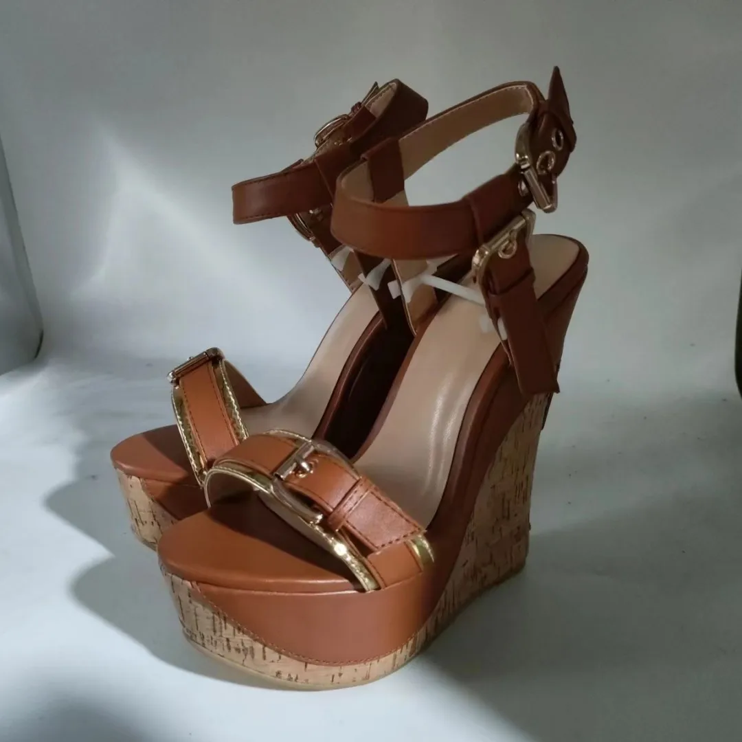 SHOFOO Fashionable women's high-heeled sandals. Brown leather sandals. About 15cm heel height. Wedges platform sandals. 34-46