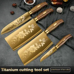 1/4PCS Deluxe Gold Kitchen Knife Seiko Stainless Steel Blade with Gold Titanium Chef Knife Chef Knife U9195