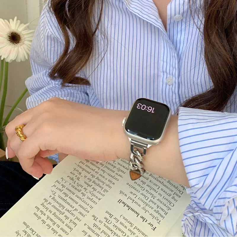ファッションメタルブレスレットレザーストラップ Apple Watch ウルトラ 44 ミリメートル 45 ミリメートル狭い 14 ミリメートルチェーンデザイン女性バンド iWatch 9 8 7 6
