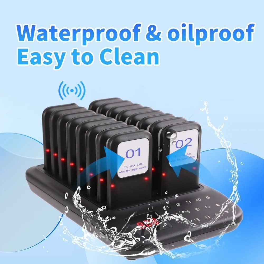 ระบบเพจเจอร์ร้านอาหาร, เพจเจอร์สําหรับร้านอาหาร, ระยะไกล 1,000 ฟุต, เพจเจอร์ 16 ตัวและเสียงบี๊บสําหรับรถบรรทุกอาหาร, บาร์, ร้านอาหาร