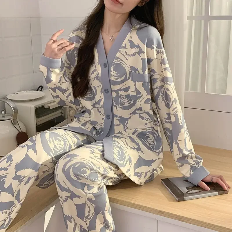 

Cotton Sleepwear Long Sleeve Trouser Women Pajama Sets Print Luxury Brand Loungewear Two Piece Suit Cardigan Big Size Nightwear