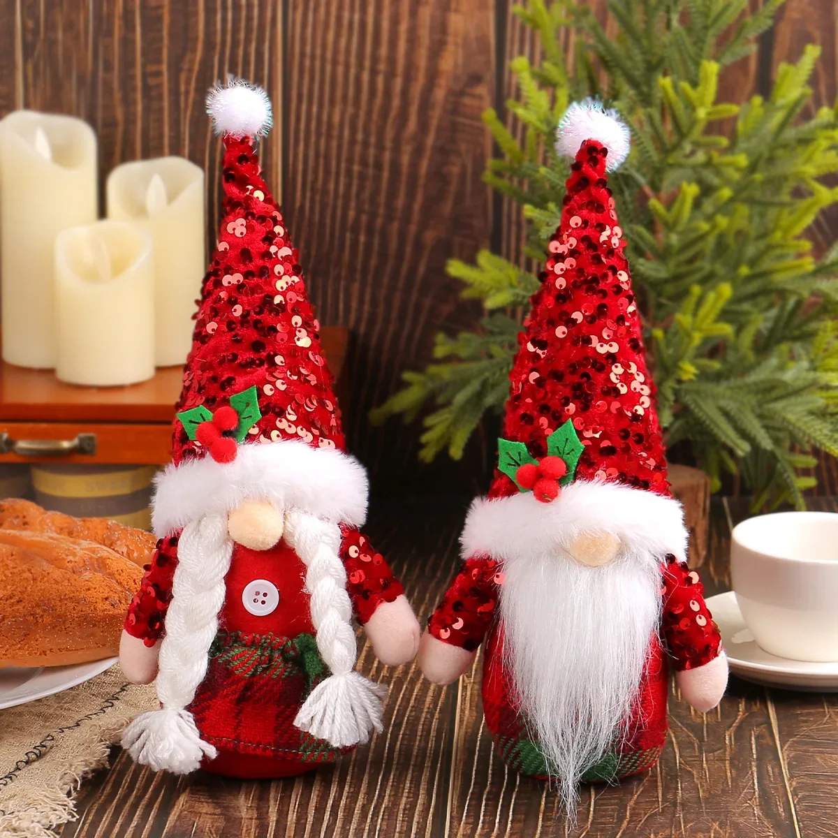 Christmas Gnome Couple Figurines Red Sequin Hat Nordic Tomte Tabletop Ornament Home Holiday Party Decor