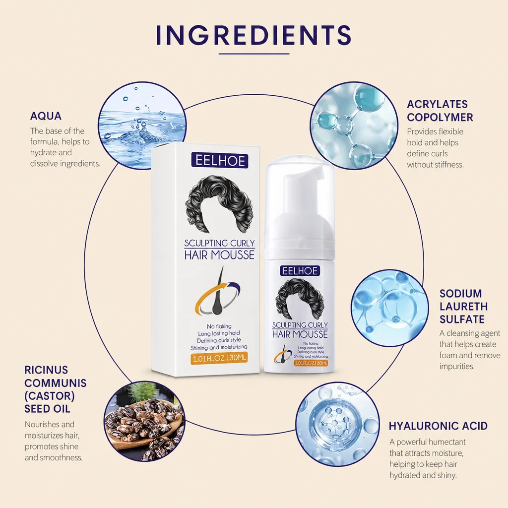 Curly Hair Mousse 30ML Curl Defining Sculpting Foam No Flaking Long Lasting Hold Castor Seed Oil Hyaluronic Acid Hair Styling