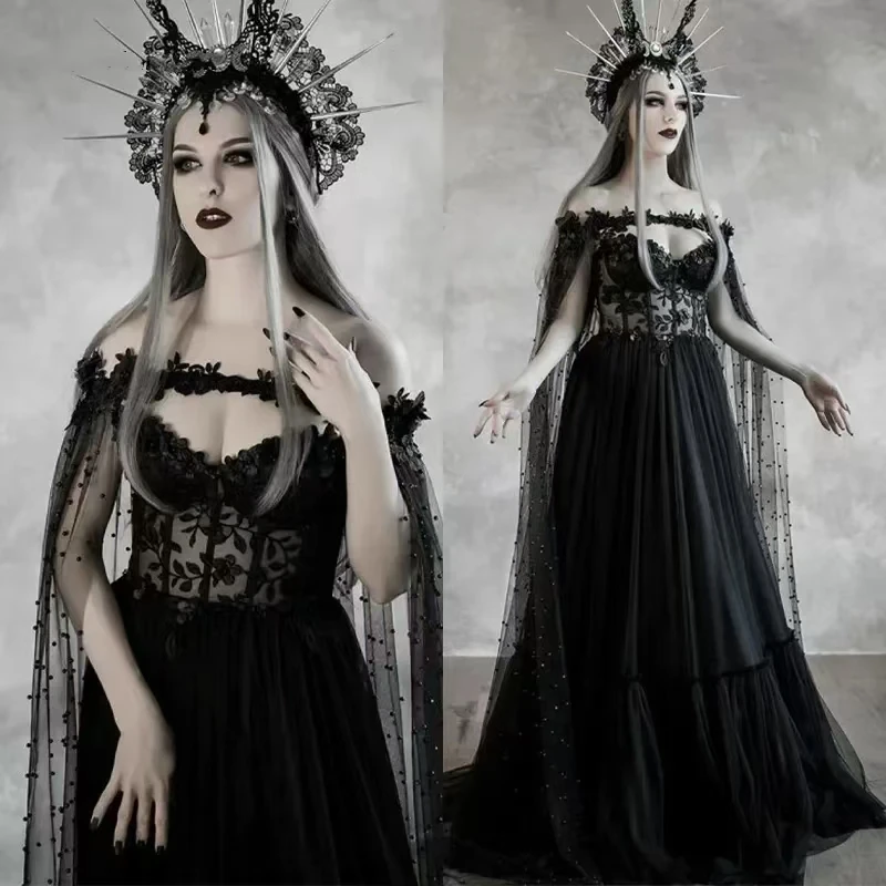 Vestido de novia gótico de cuento de hadas oscuro con corpiño de corsé con copa, vestido de novia de fantasía, capa de boda de Halloween, vestido de novia personalizado