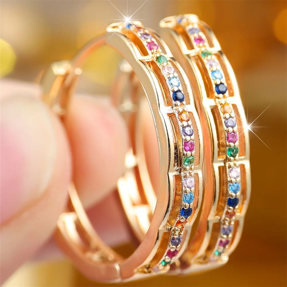 Multicolor Crystal Zircon Small Round Stone Hoop Earrings For Women Trendy Gold Color Ear Buckle Wedding Jewelry Versatile Gifts