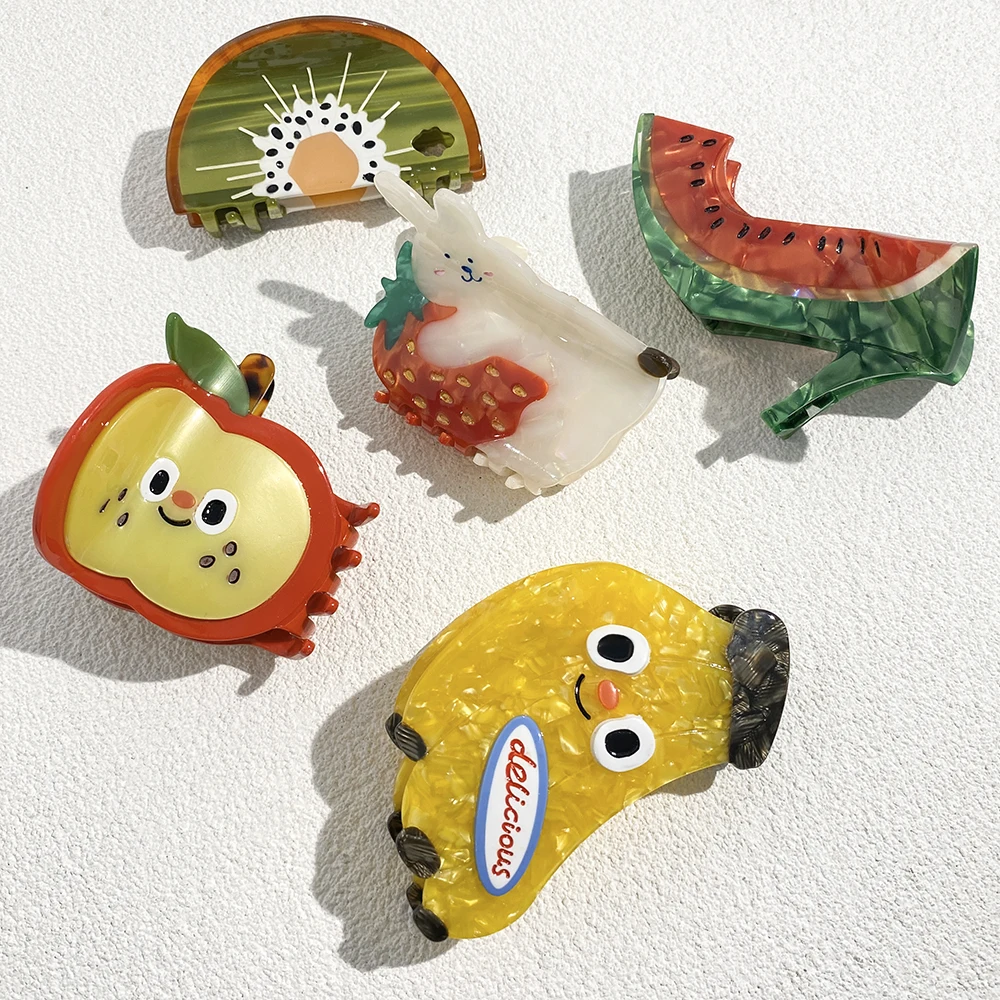 Creative Funny Cartoon Fruits Acetate Hair Claw Clip For Women Oversize Ponytail Shark Kiwifruit Apple Barrettes Hair Accessorie