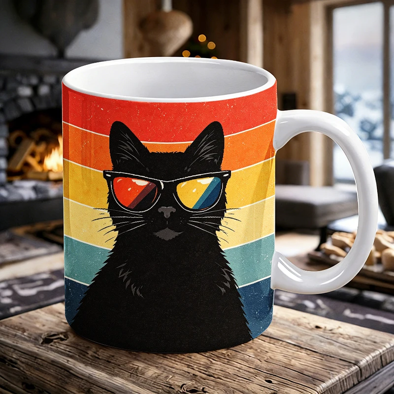 

Retro Striped Black Cat Mug Cool Cat with Sunglasses Coffee Cup, Milk Cup, Office Tea Cup, Drinking Cup, Gift for Friends