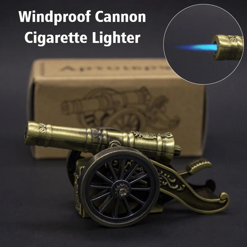

New Metal Bronze Cannon Cigar igniter Inflatable Blue Fire Lighter Windproof Open Flame Cigarette Lighters & Smoking Accessories