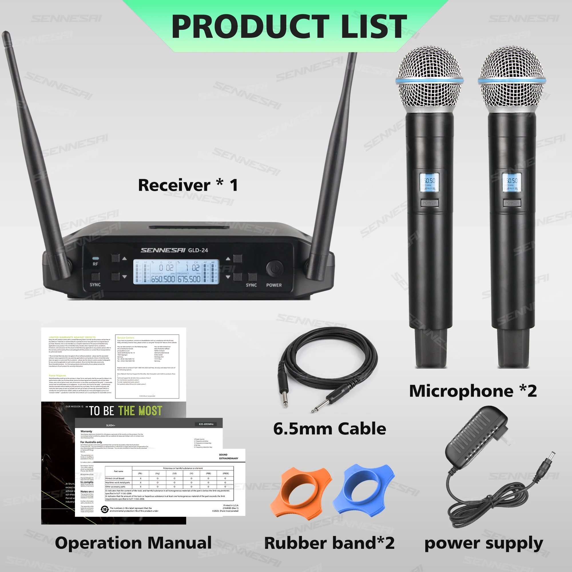 SENNESAI GLXD24 B58 Professional Dual Wireless Microphone 600-699MHz System Stage Performances UHF Dynamic 2 Channel Handheld