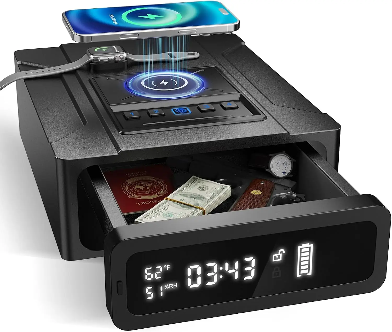Bedside Gun Safe with Wireless Charging - Biometric Safe with Fast Fingerprint, Backup Key & USB-C Emergency Unlock, Alarm Clock