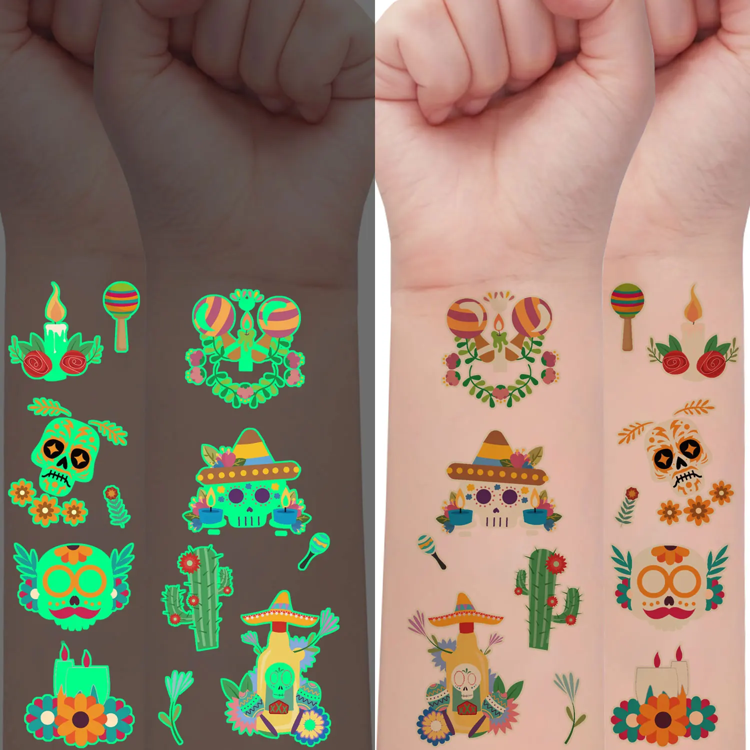 10pcs Mexican Day of the Dead Series Tattoo Stickers, Glow-in-the-Dark Temporary Tattoos, 120pcs Skeleton Cactus Guitar Patterns