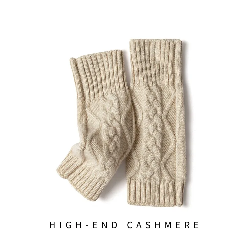 100% Real Cashmere Autumn Winter Thick Cable Gloves Mitten Fingerless Warm Wrist Length Thumb Hole Mitts Classic Female Elegant