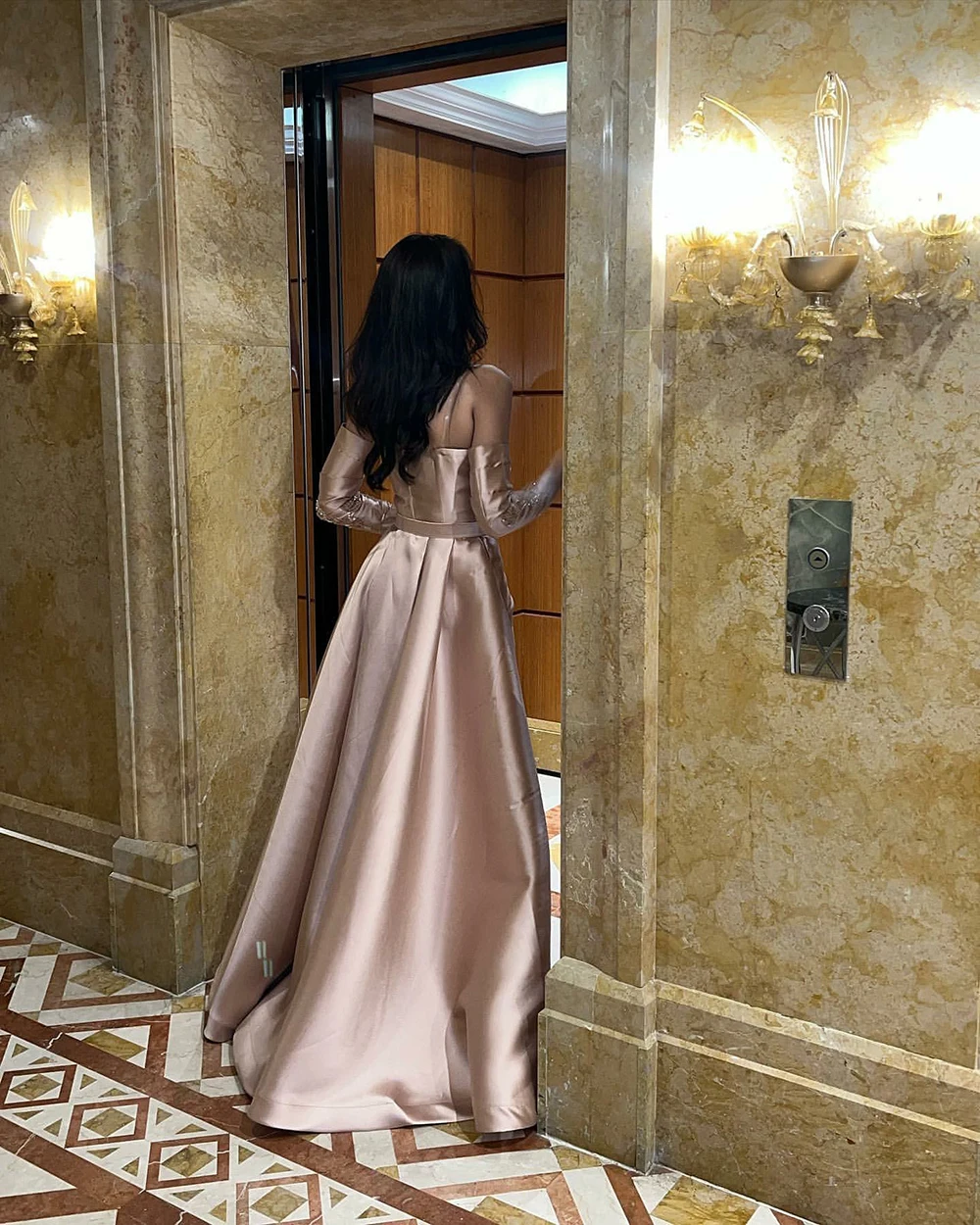 Msikoods Champagne A Line Evening Dress With Overskirt Prom Gown Satin Formal Dubai Saudi Arbia Long Prom Dresses Women 2023