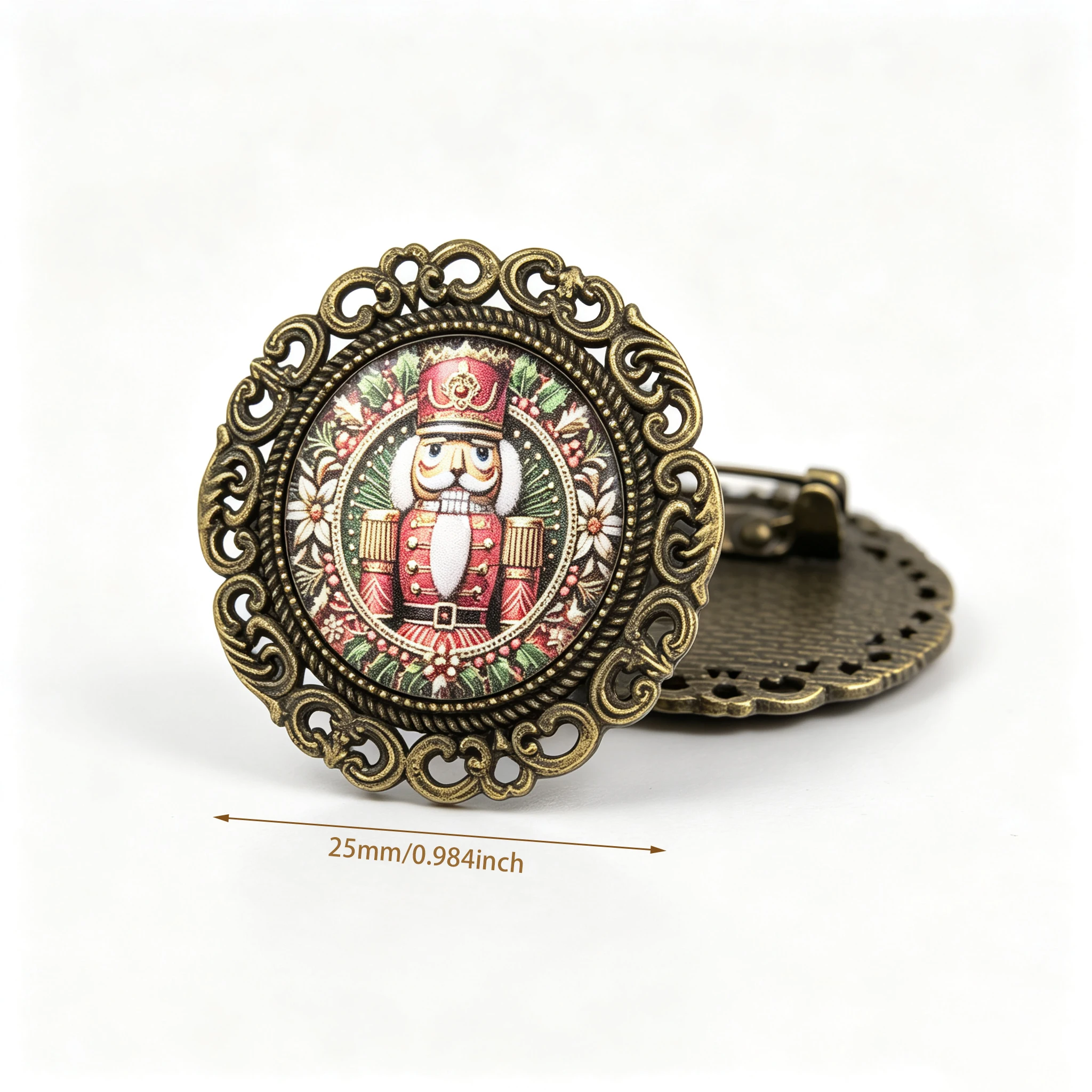 Vintage Nutcracker Christmas Brooch Antique Bronze Glass Dome Pin Retro Xmas Badge Winter Holiday Jewelry Gift for Women
