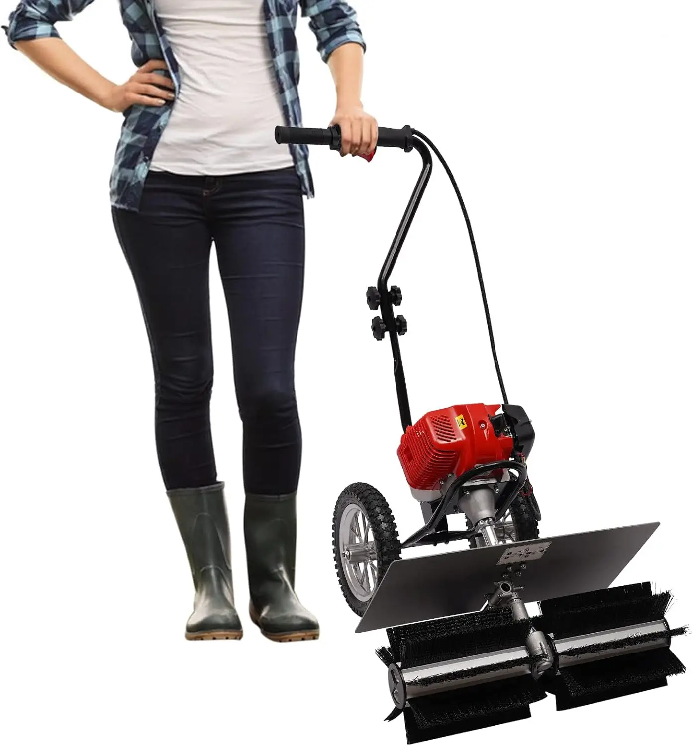 Gas Power Broom Sweeper, 43CC 1.7HP 2 Stroke Handheld Push Gasoline Walk Behind Snow Lawn Sweeper Brush Broom Sweeping