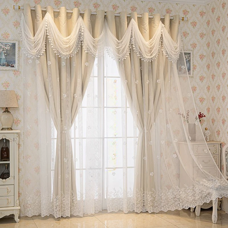 European Double-layer Curtain with Wavy Valance Princess Embroidery Sheer Curtain Plus Cloth Curtain for Bedroom Living Room