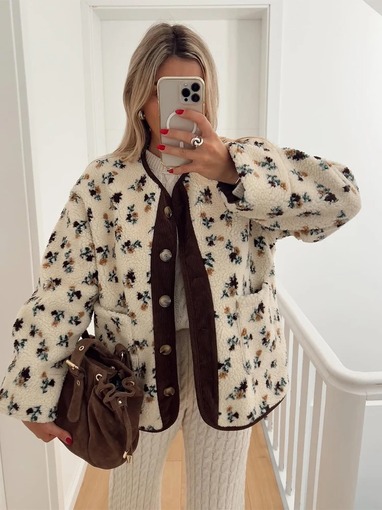 Casual Round Neck Single Breasted Pocket Loose Jackets Lady Daily Commute Office Coat Women Printed 