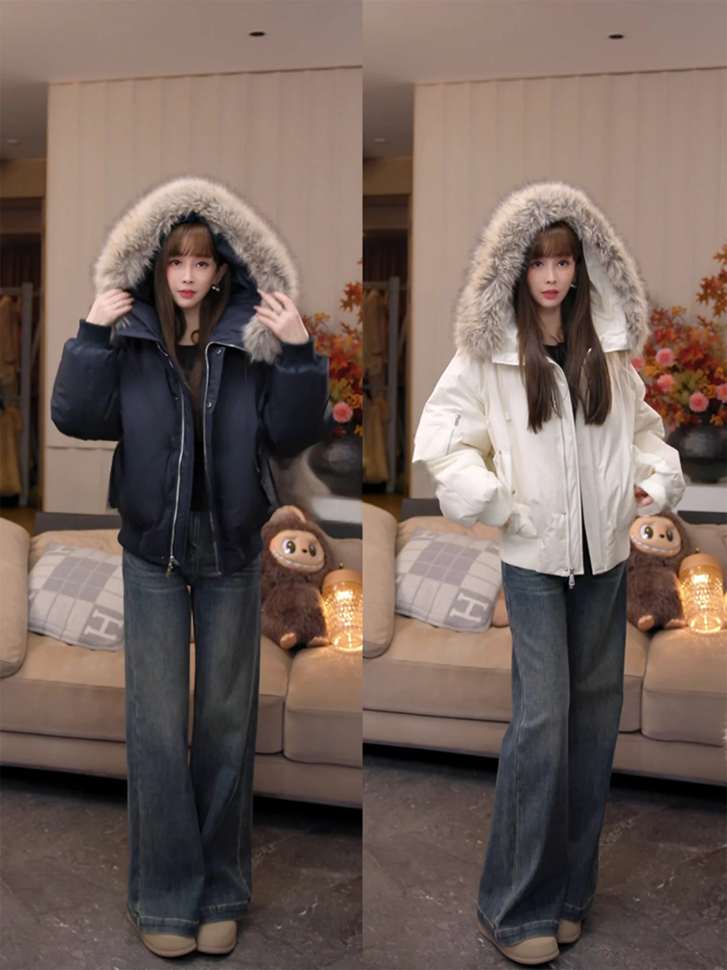 

Mimius Women's ort Flight Jaet down Coat Large Fur Collar ort Sle White Du down Warmth Filled Zipper Closure Coat