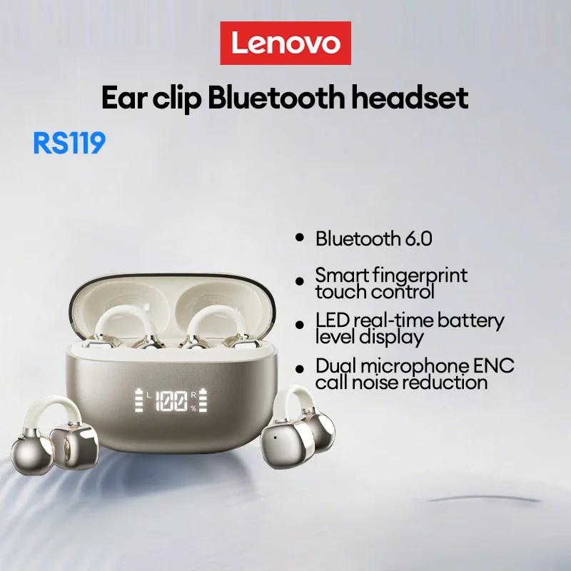 Lenovo RS119Pro OWS Ear Clip Auricolari wireless Bluetooth 6.0 Auricolari ultra aperti ad alta risoluzione Display digitale Cuffie in silicone morbido