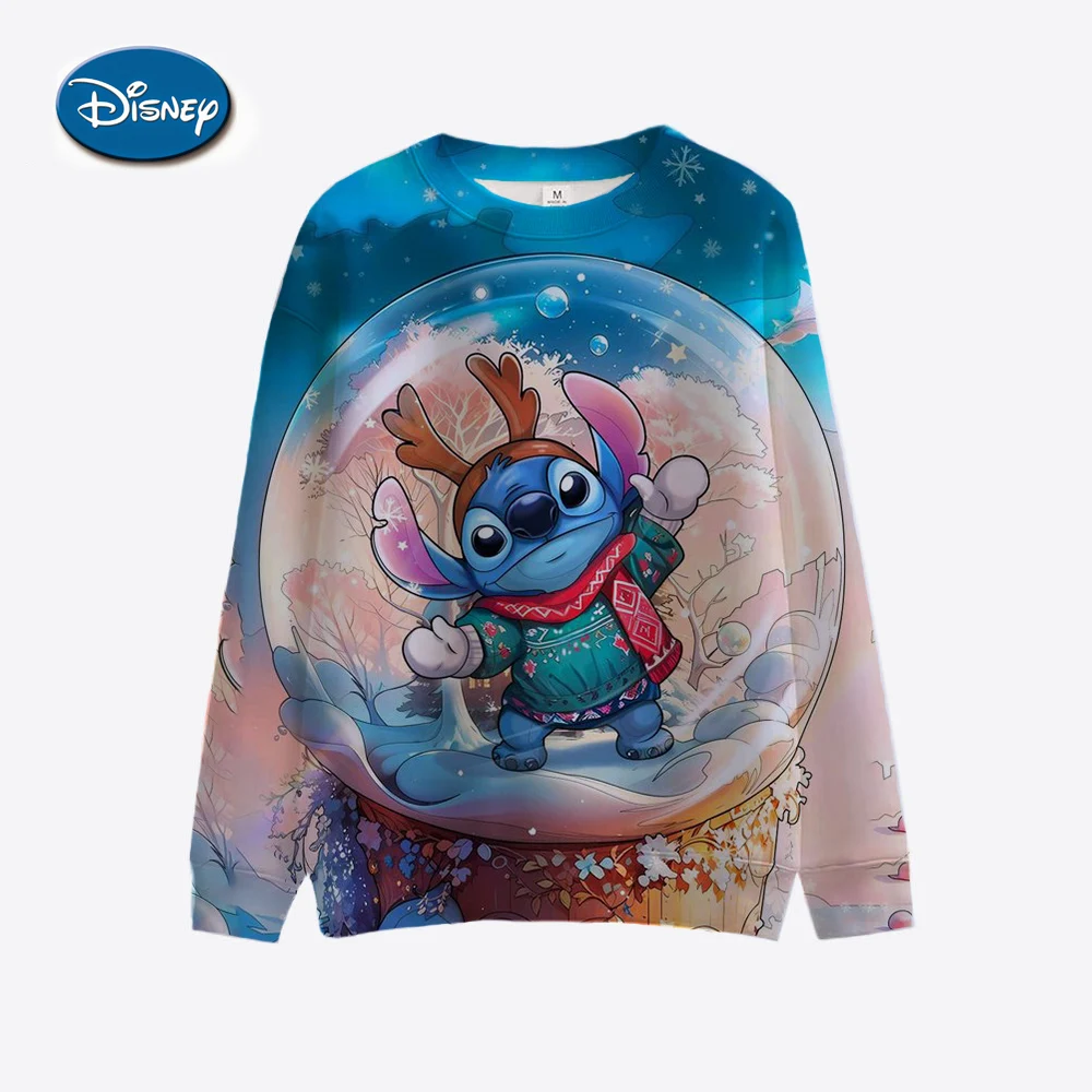 Christmas Disney Stitch Hoodie Long Sleeve Round Neck T-shirt Autumn/Winter Basic Hoodie Women\'s Knitted Checkered Sleeve Sports