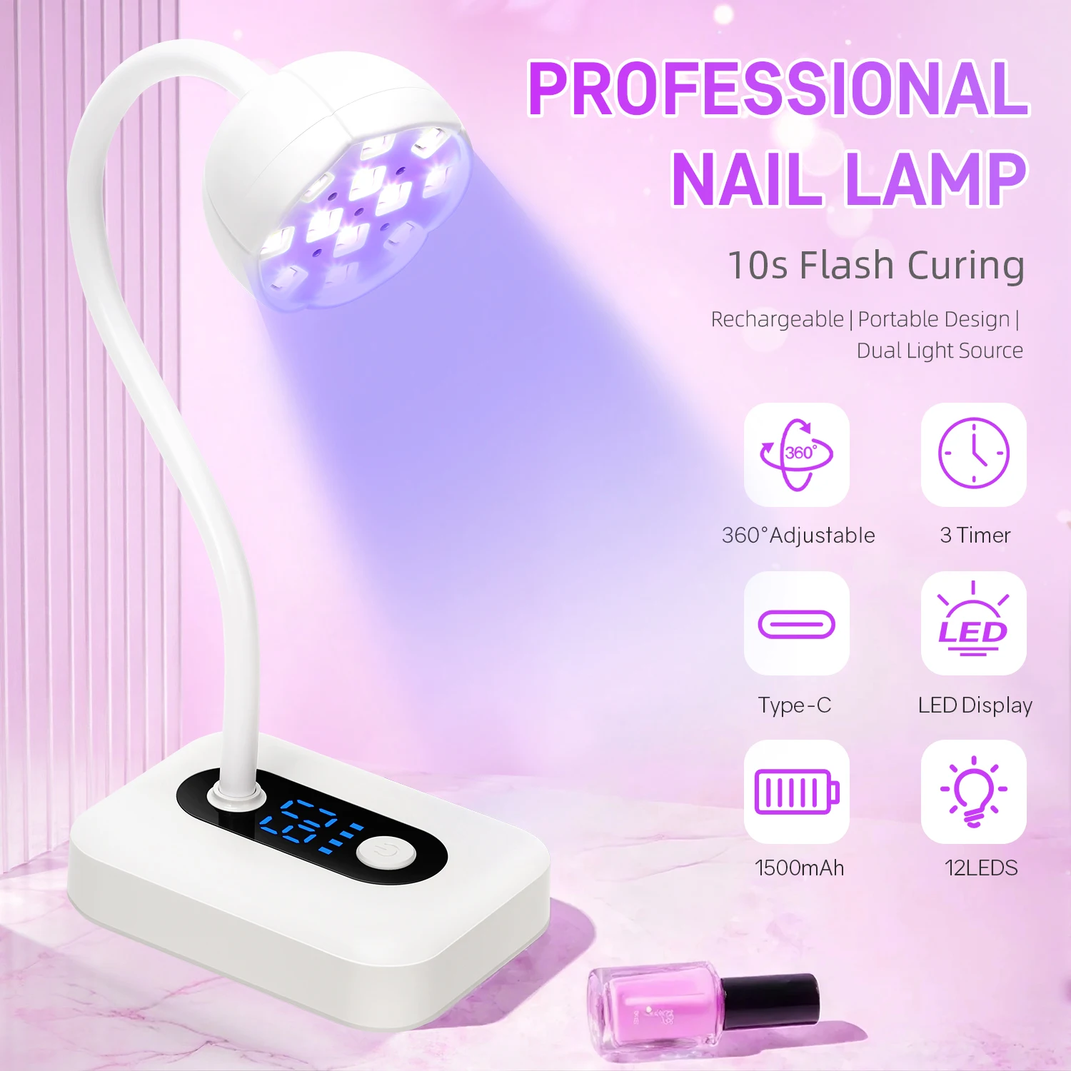 UV LED Nail Lamp Mini Nail Dryer Wireless Nail Art Stand Lamp for Manicure 360° Foldable Nail Drying Lamp Ultraviolet Nail Light