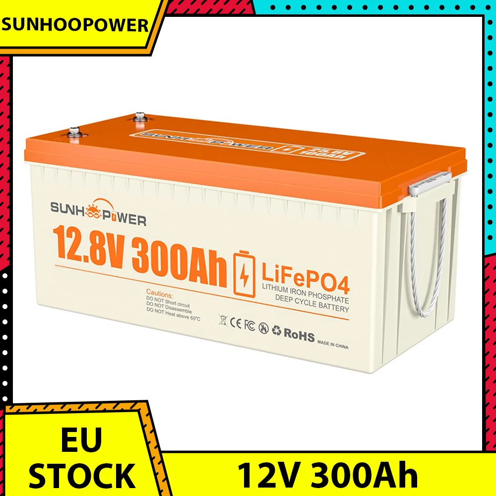 SUNHOOPOWER 12V 300Ah LiFePO4 Battery, 3840Wh Energy, Built-in 200A BMS, Max.2560W Load Power, Max. 200A Charge/Discharge, IP68