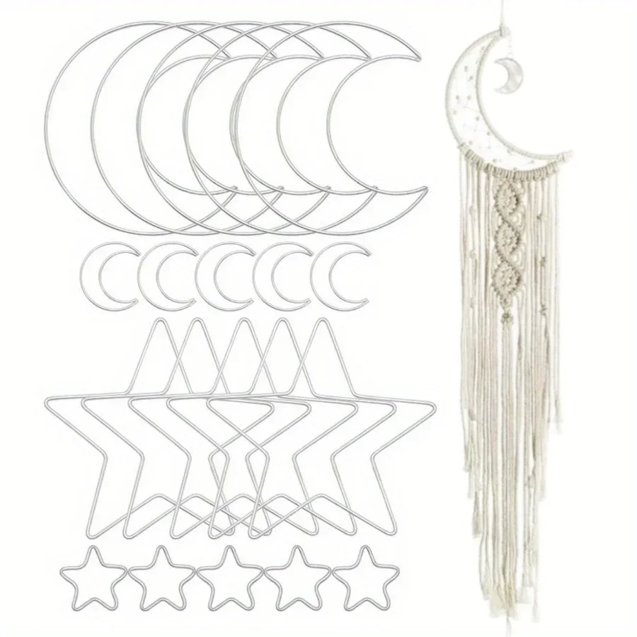 20 Pcs 5.9 in Silver Moon Star Dream Catcher Metal Hoop Rings Circle Macrame for DIY Craft Dream Catcher Home Wall Hanging