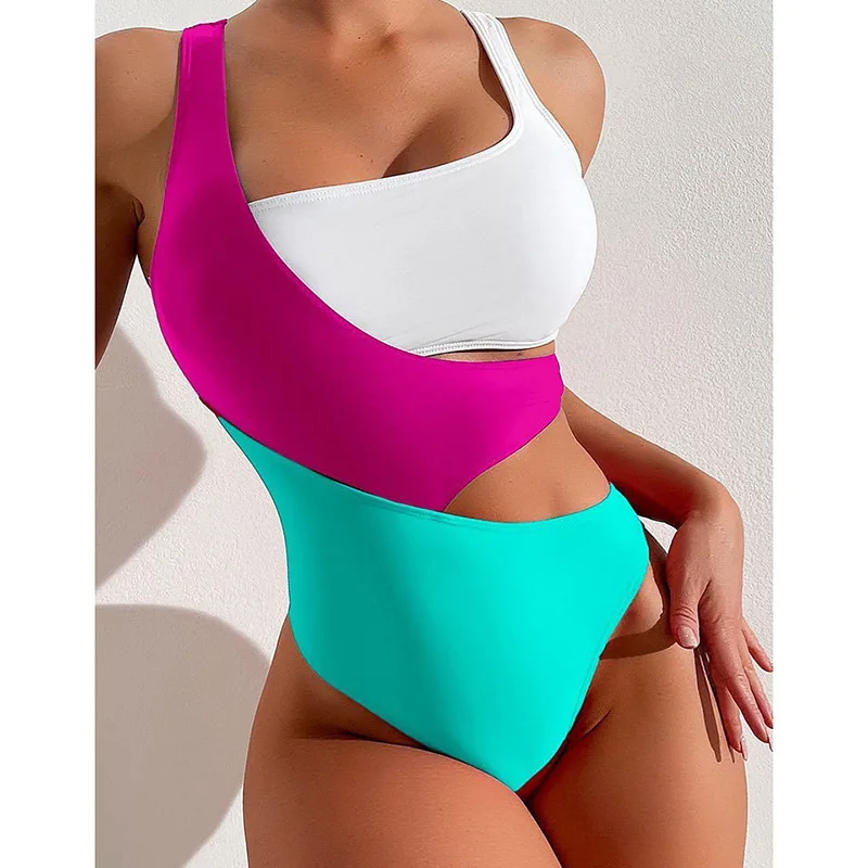 European and American-Style Sexy Color-Blocked One-Piece Swimsuit for Women: Instagram-Style Bikini for Hot Springs and Swimming