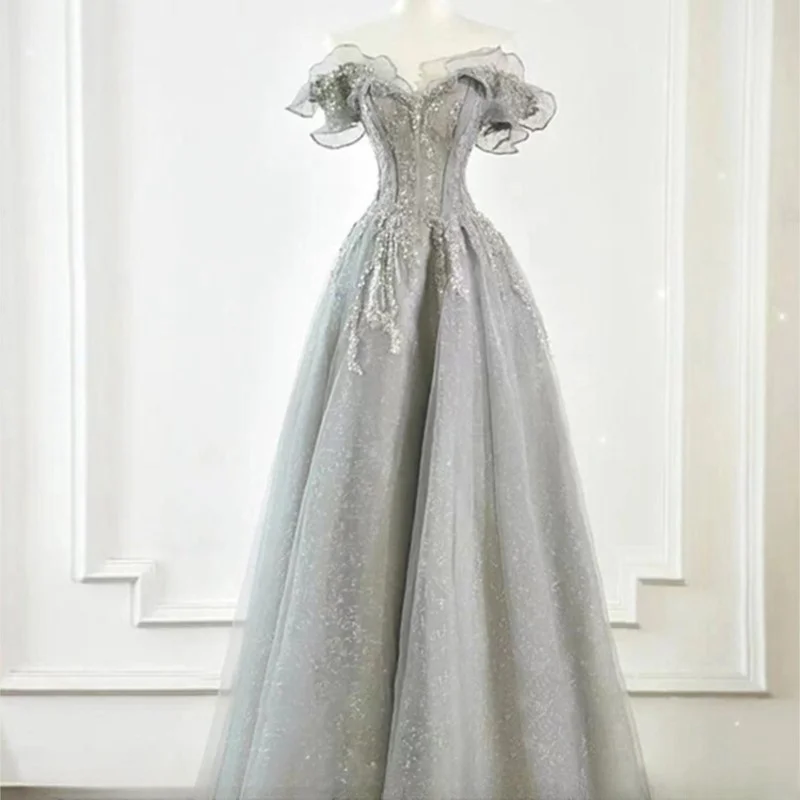 One-line shoulder female new style banquet arts exam graduation students day Quinceanera host dress