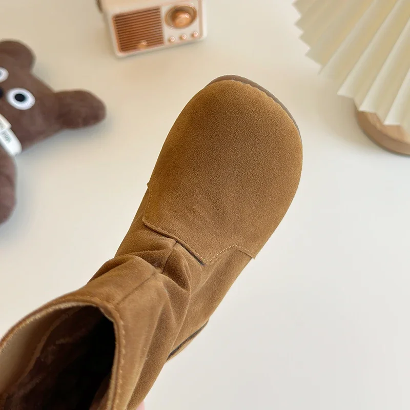 Winter Girl\'s Boots Suede Khaki Camel Slip-on Flexiable Classic Kids Boots Plush Warm Light Trendy Daily Comfy Children Shoes