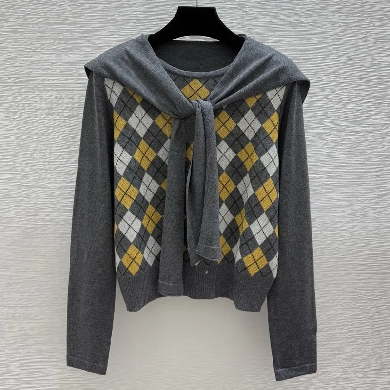 

Высококачественный женский свитер с шалевым воротником и логотипом в клетку, классический кардиган в студенческом стиле 251028175