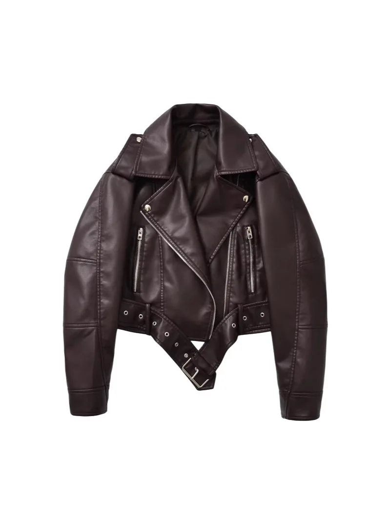 

2025 New Women's Retro Belt Short Motorcycle Leather Jacket Pilot Jacket Coat