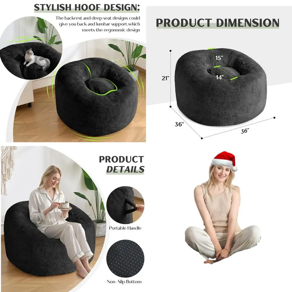 

Luxury Sherpa Fabric Bean Bag Chair with Backrest, Plush Memory Foam Sofa for Adults and Teens, Black