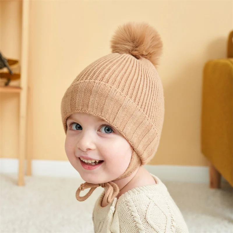 New Solid Color Knitted Children's Braid Ear Protection Plus Velvet Warm Baby Hat