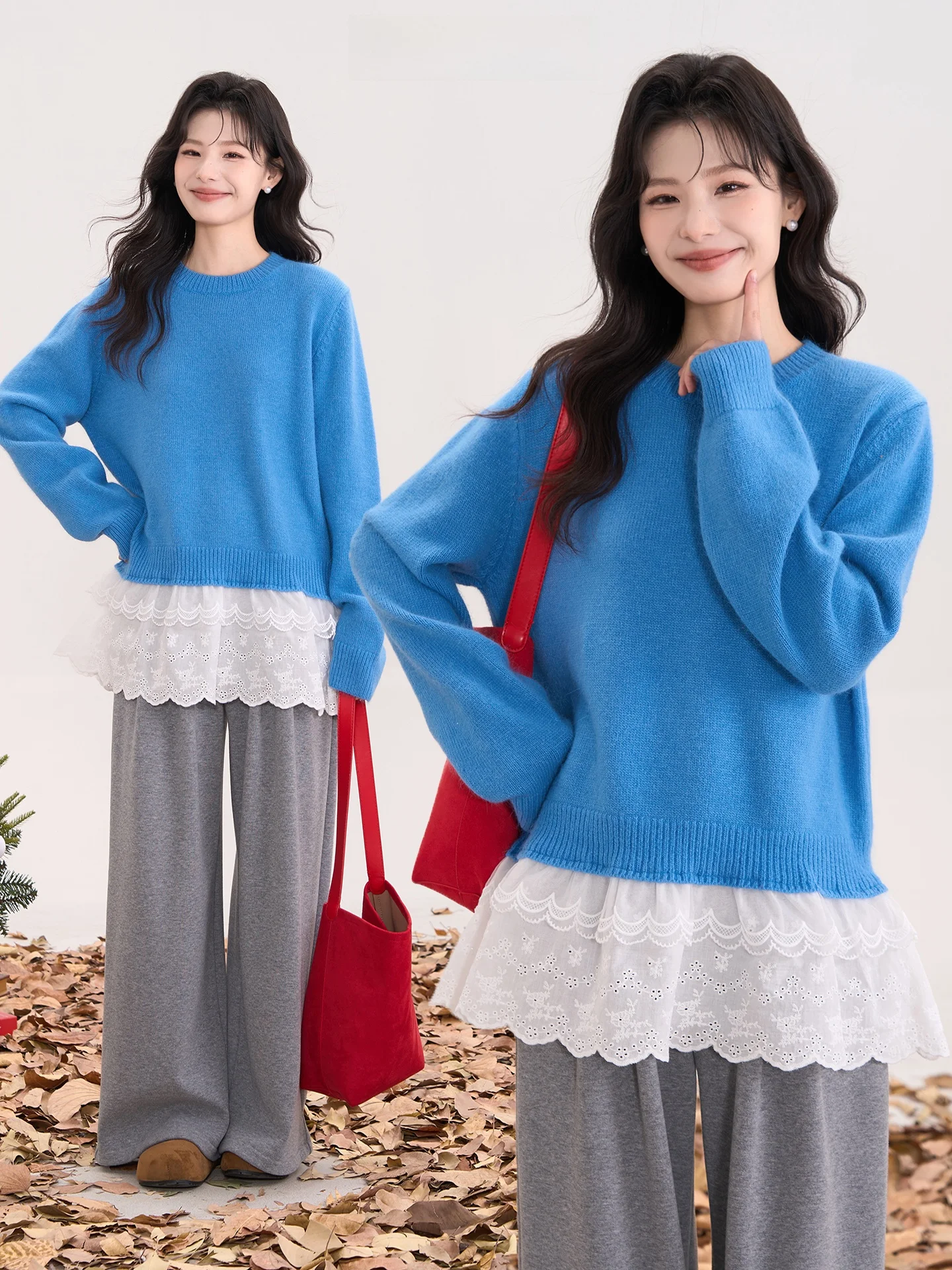 

Korean Sle round Ne Knitted Lace Hem Sweater Women's Winter Layering Clothing Floral Field Window Heme Peach Wild Search ...