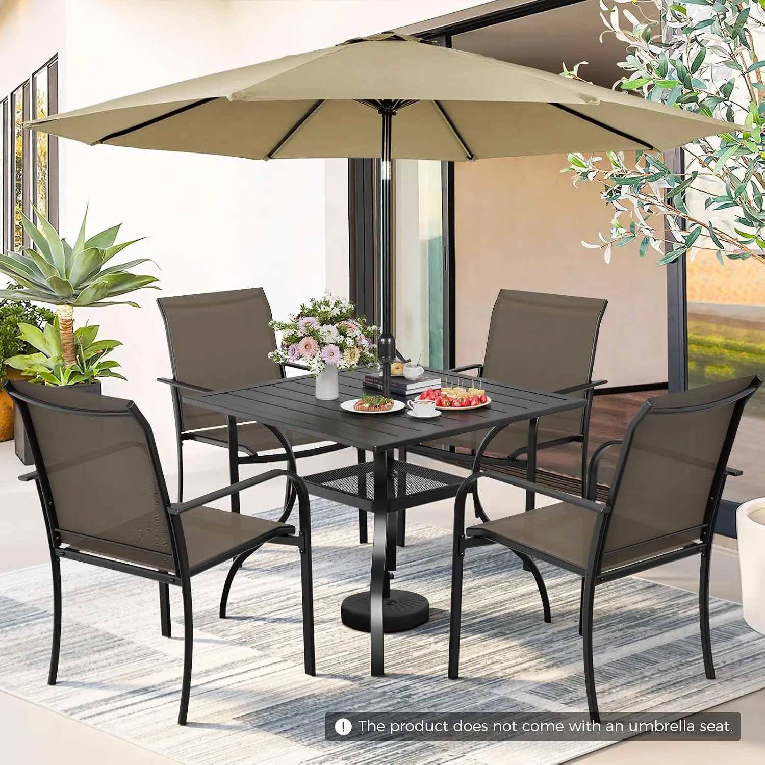 6-Piece Patio Furniture Set with Brown Umbrella, Patio Table and Chairs Set of 4 Textilene Chairs and Square Table with Umbrella