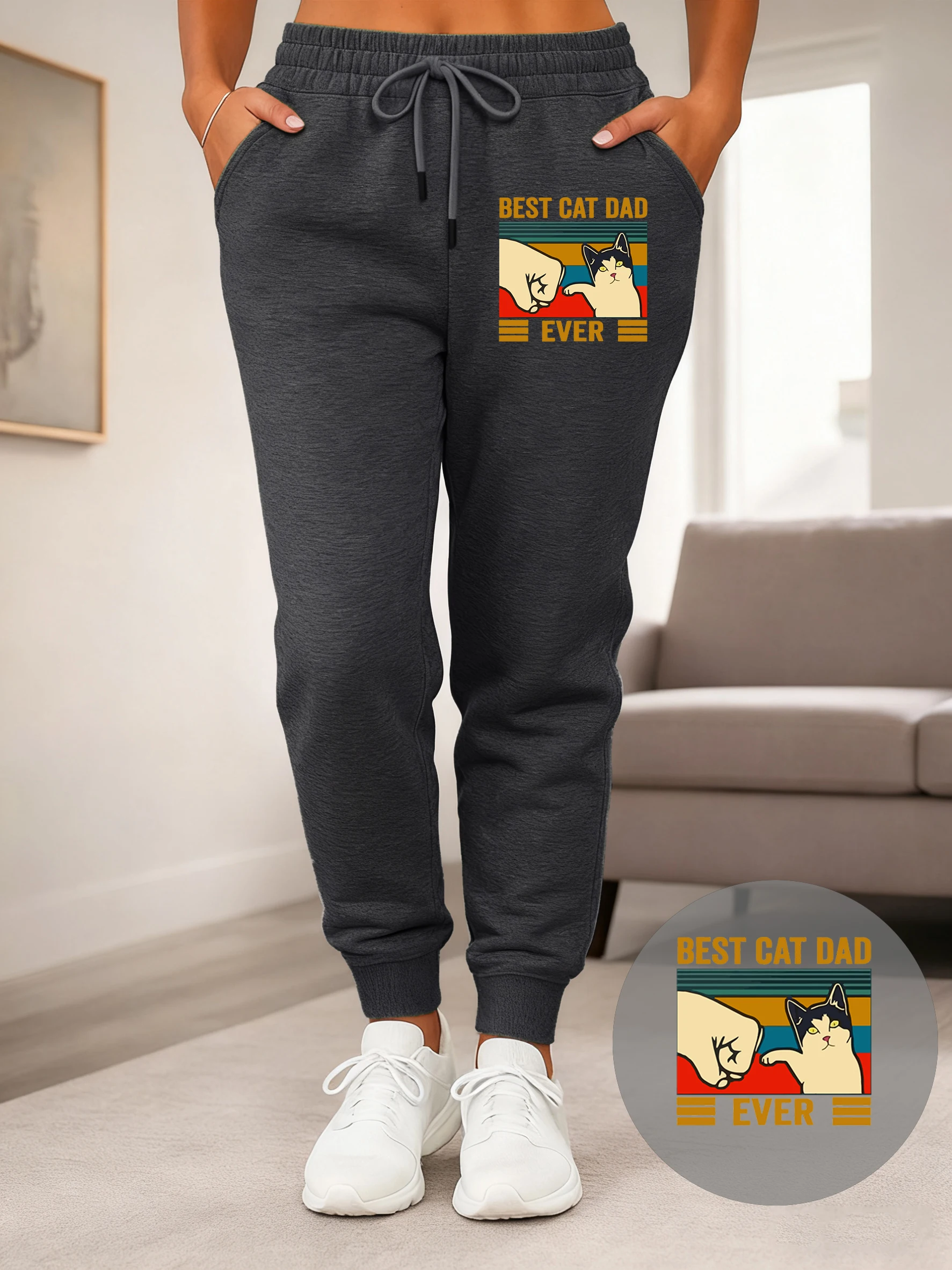 Best Cat Dad Ever Stampa Pantaloni da jogging Donna Pantaloni sportivi in pile con coulisse Sport All-Match Streetwear Casual Autunno Pantaloni femminili