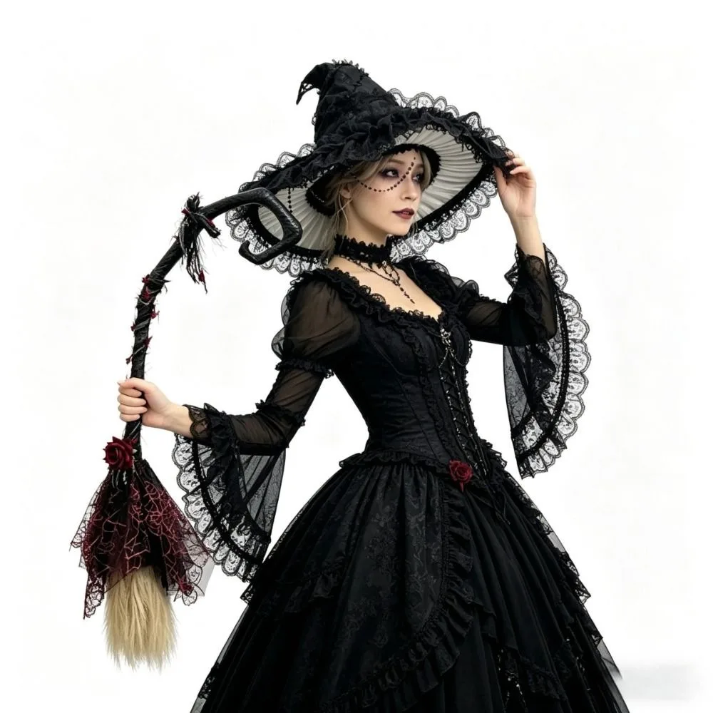 Princess Gothic Style Witch Broom Black Tulle Plastic Material Witch Hat Lolita Style Red Rose Magic Wand Cosplay Events