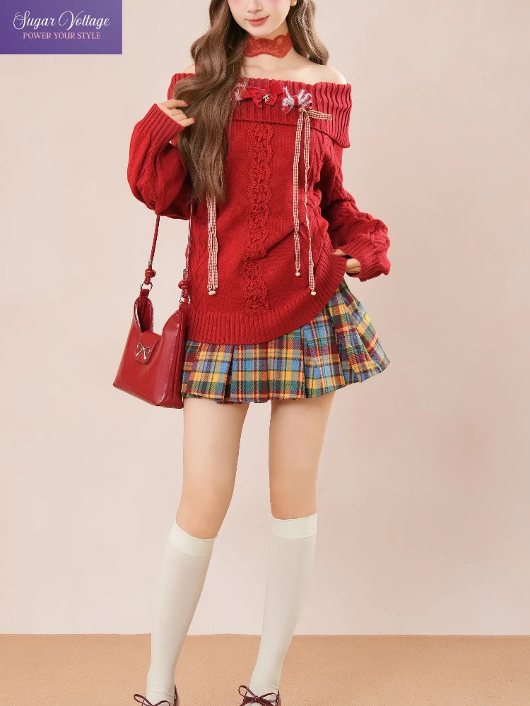 Fashion Christmas Red Off Shoulder Bow Knit Sweater + Plaid Pleated Skirt Two Piece Set Women Winter Sweet Preppy Style Outfit