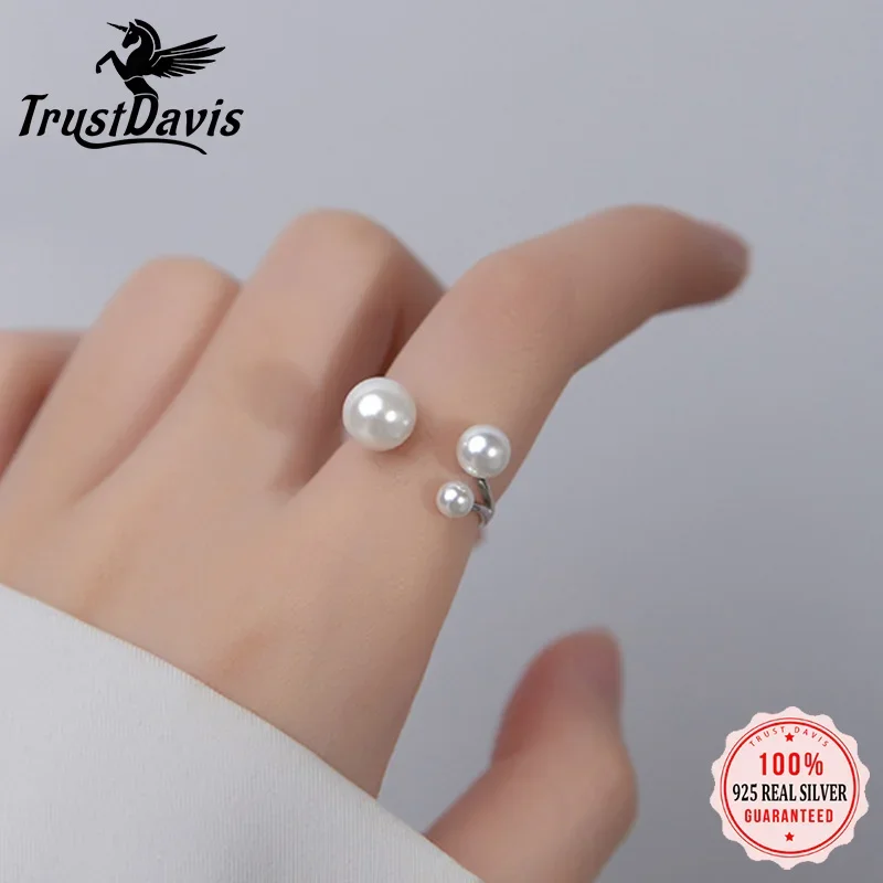 TrustDavis Real 925 Sterling Silver Luxury Synthesis Pearl Opening Ring For Women Wedding Valentine's Day Fine Jewelry DA2791