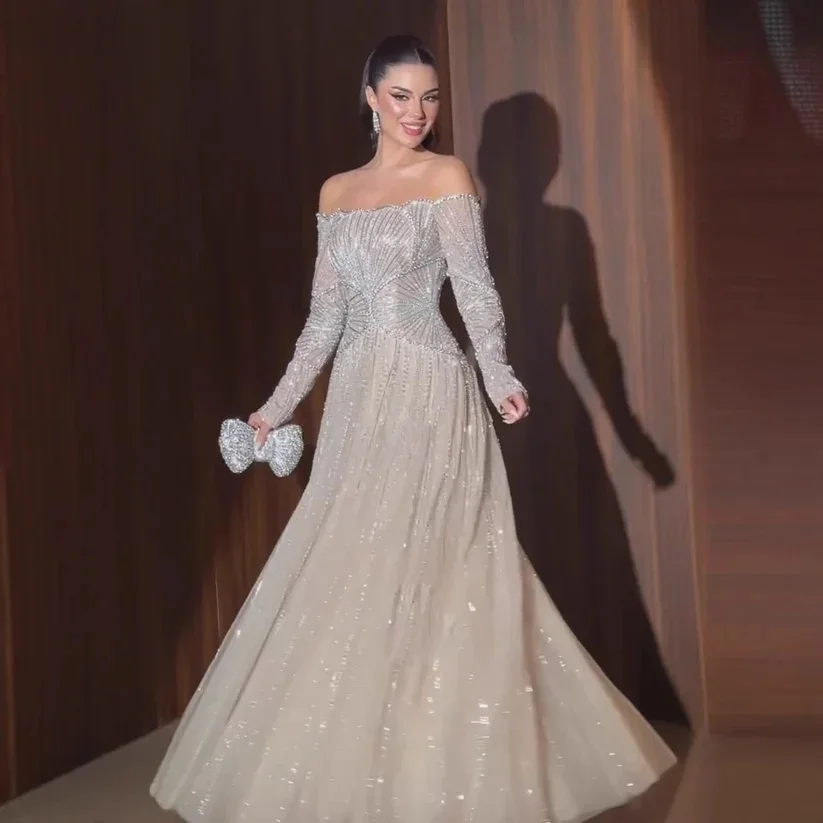 تصميم جديد ألف خط فاخر قبالة الكتف كم طويل مطرز الترتر تول مساء السجادة الحمراء حفل زفاف ضيف فستان حفلة كوكتيل