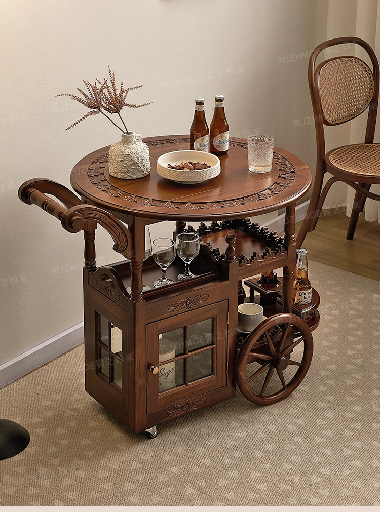 

The medieval dining car hand push all solid wood household double-layer storage trolley cabinet moving American style