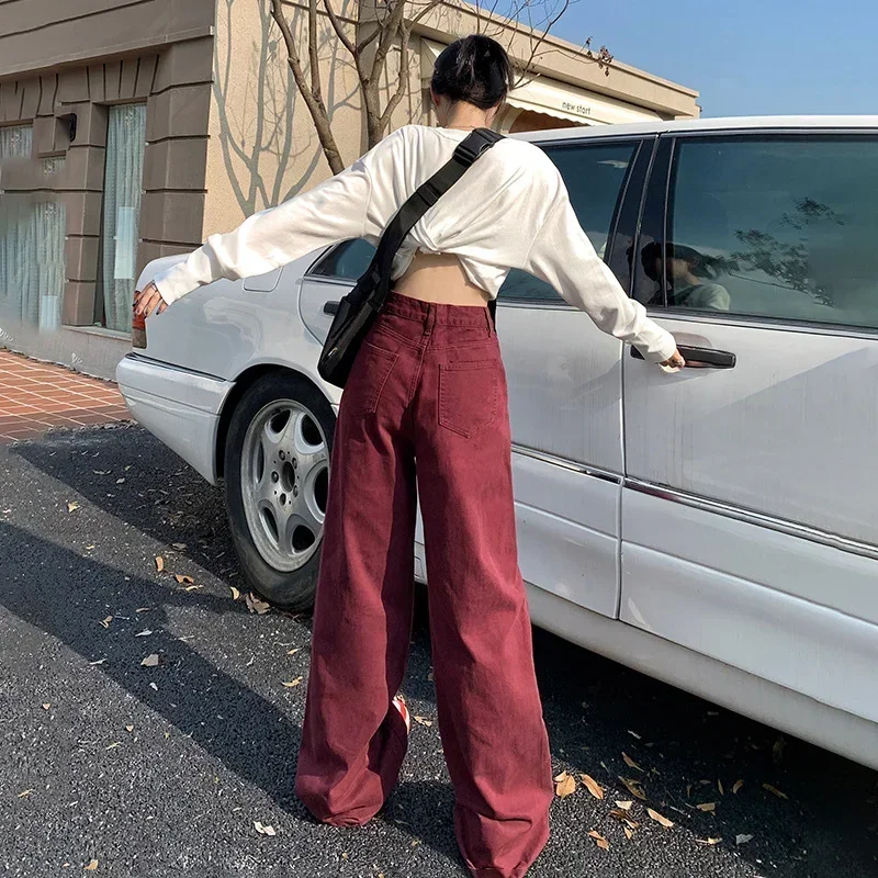 Plus Velvet Jeans Women American Retro Loose Wide Leg Pants Spring Winter High Waist Trousers Maroon Red Bottoms Baggy Clothes